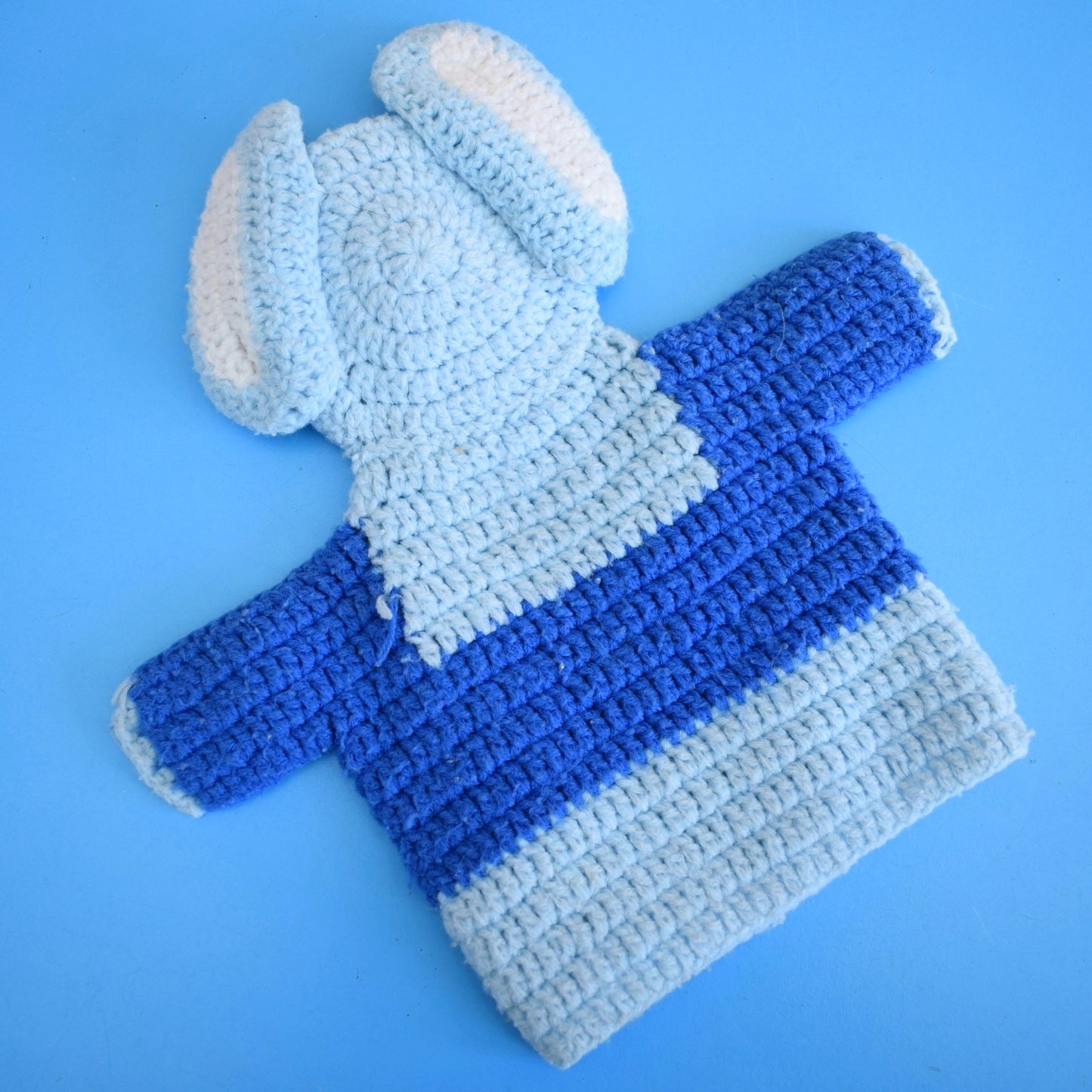 Vintage 1970s Knitted Hand Puppet- Elephant - Blue
