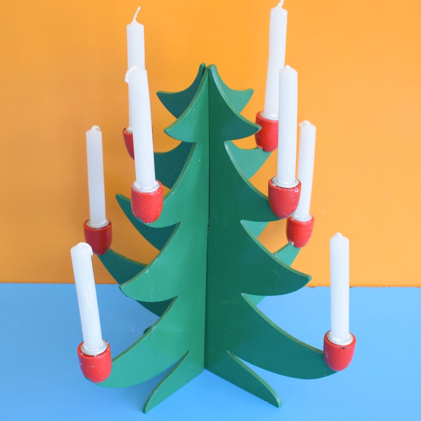 Vintage 1980s Wooden Christmas Tree Candle Holder / Candles