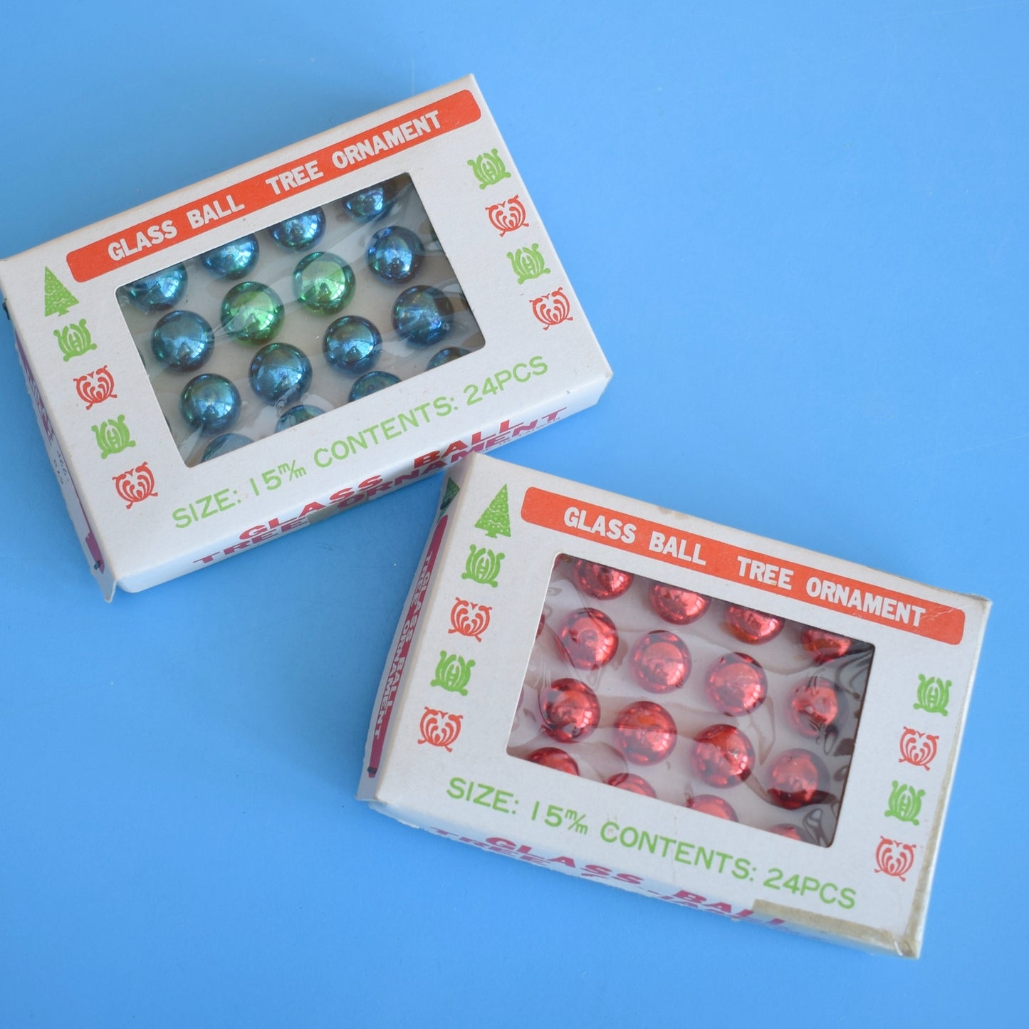 Vintage 1970s Boxed Tiny Glass Christmas Baubles - Blue / Red