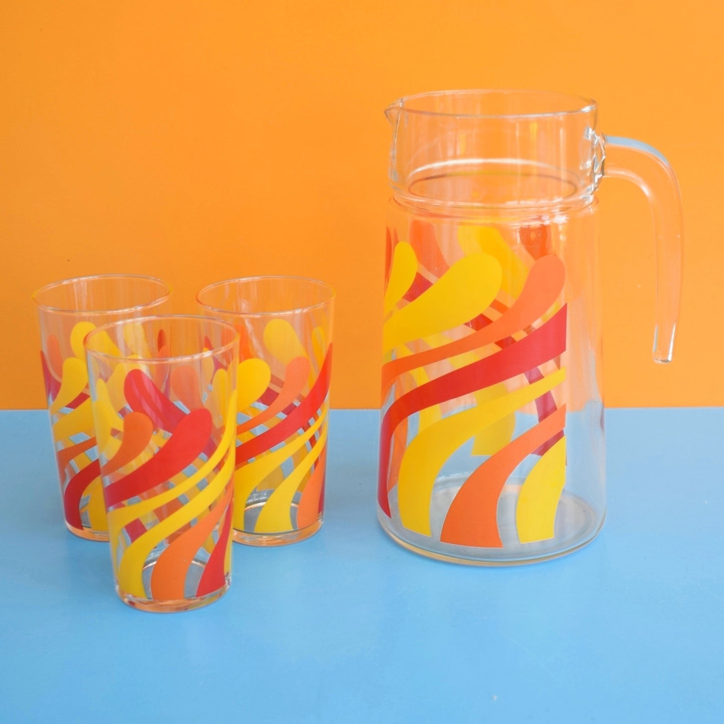 Vintage 1960s Glass Jug & Glass Set - Swirl Design, Orange & Yellow by Pineapple Retro