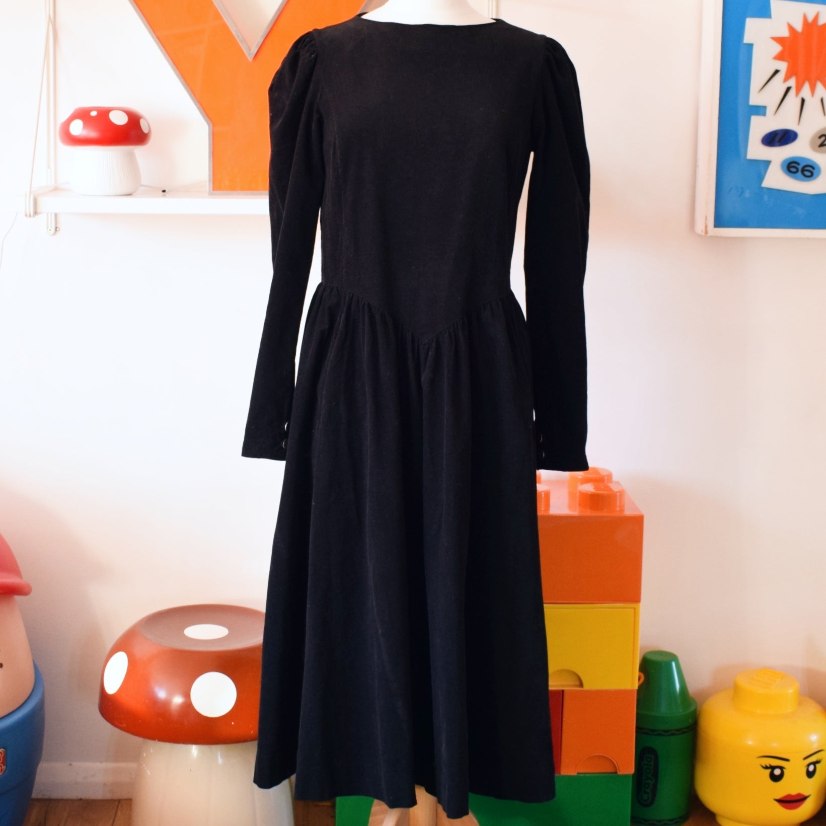 Vintage 1980s Laura Ashley Dress - Black Corduroy - Size 12