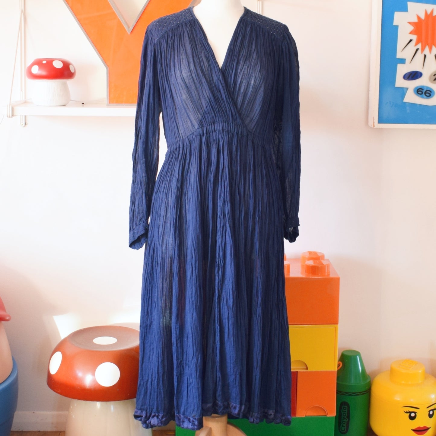 Vintage 1970s Monsoon Dress - Rich Blue Cotton - Size 14/ Free