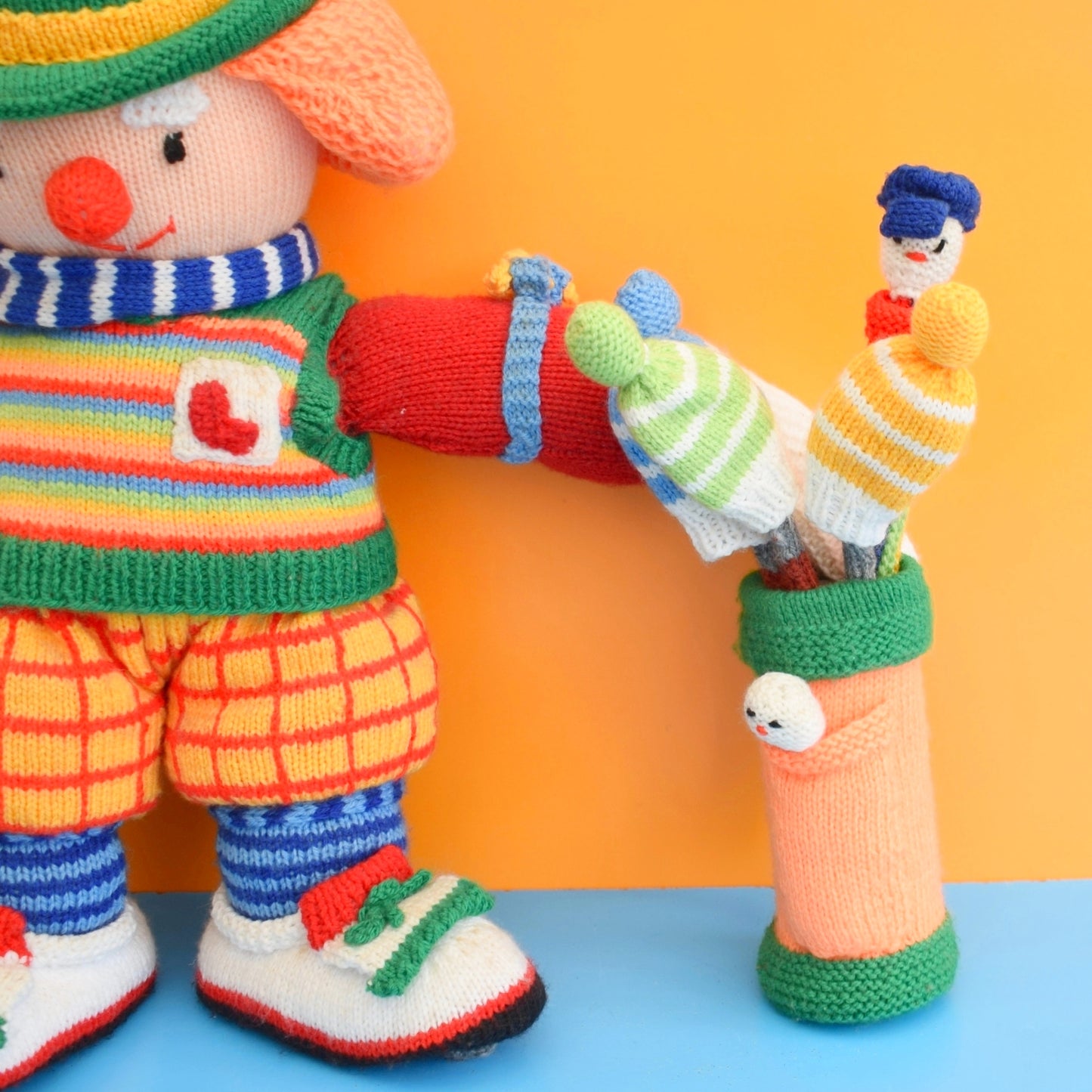 Vintage 1990s Knitted Binky Bunker Golfer Toy (Jean Greenhowe pattern)