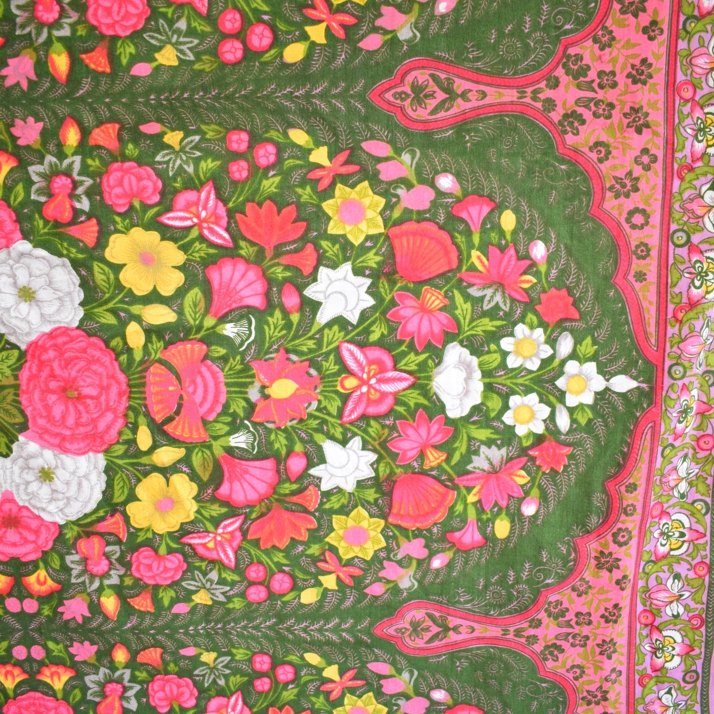 Vintage 1970s Amazing Tablecloth - Pink & Yellow On Green by Vintage