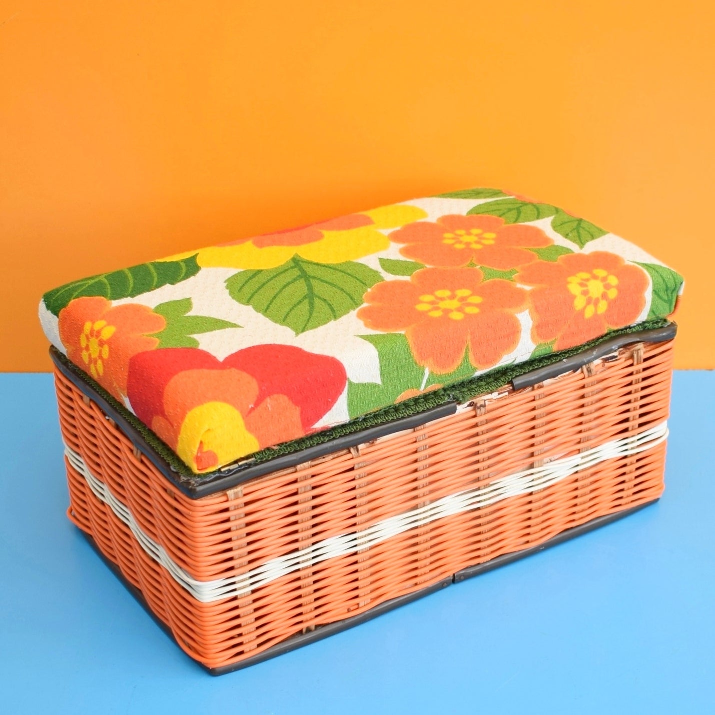 Vintage 1960s Sewing / Hobby Box - Flower Fabric- Orange