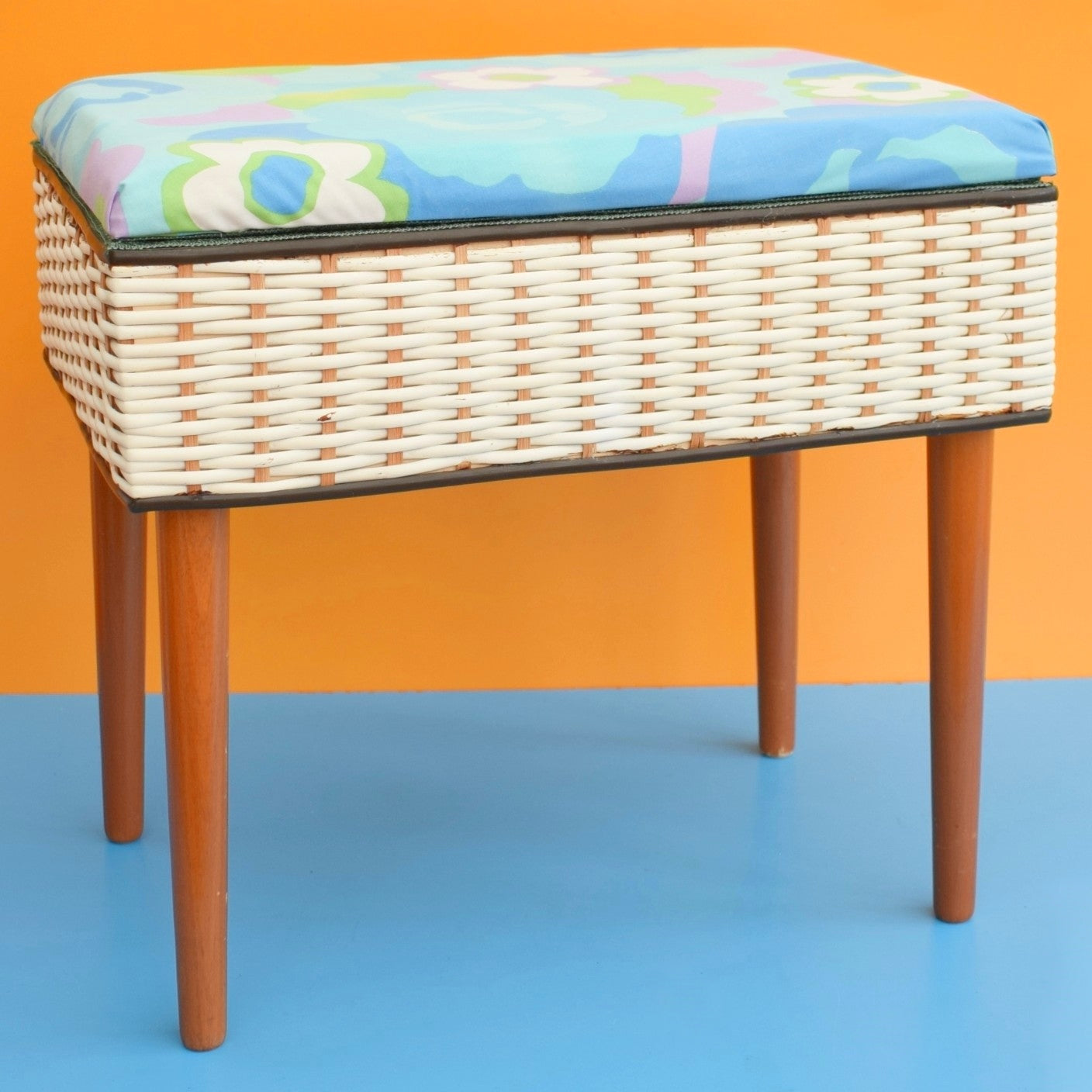 Vintage 1960s Sewing / Hobby Box - Green, Blue & Lilac Fabric