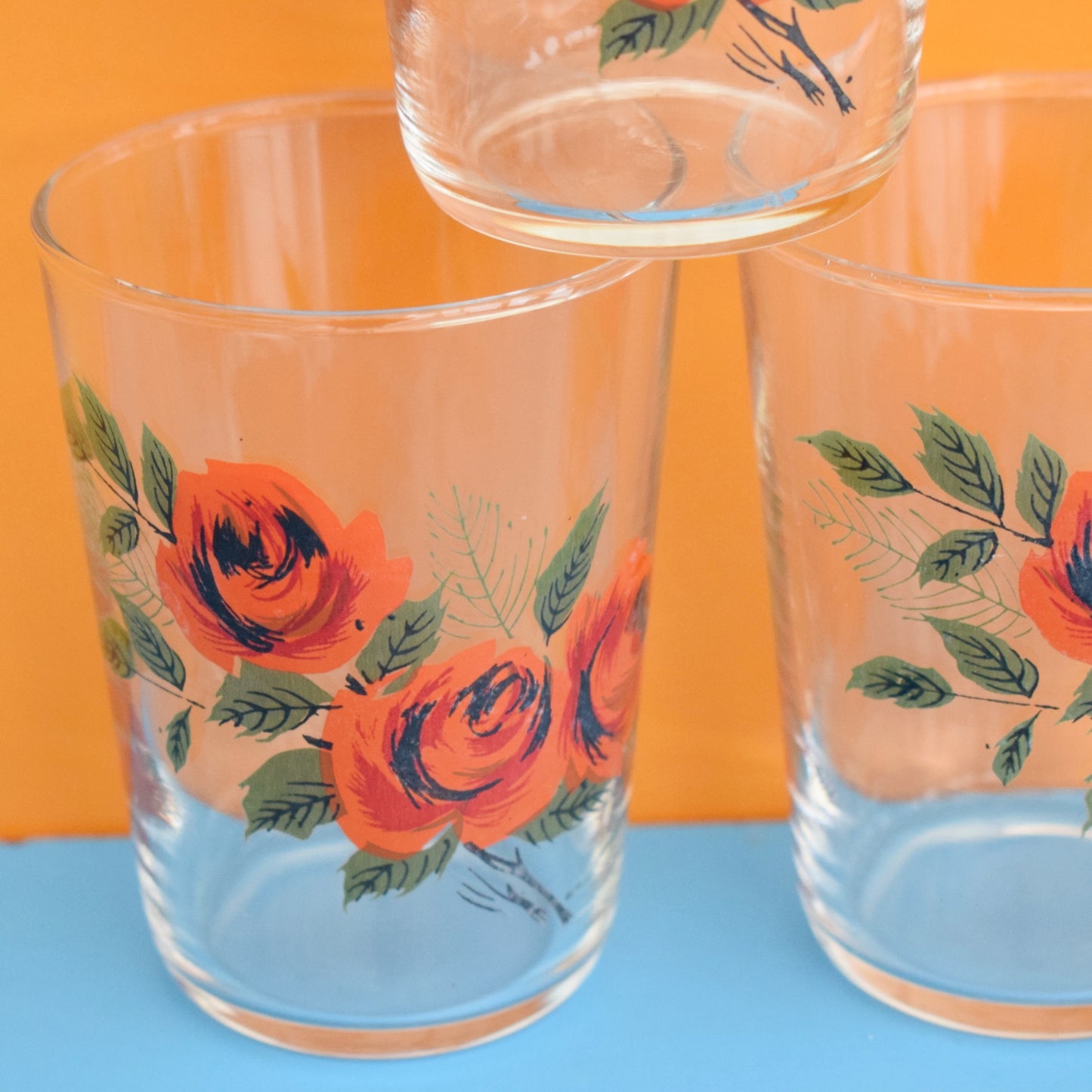 Vintage 1960s Small Drinking Glass Trio - Roses - Orange