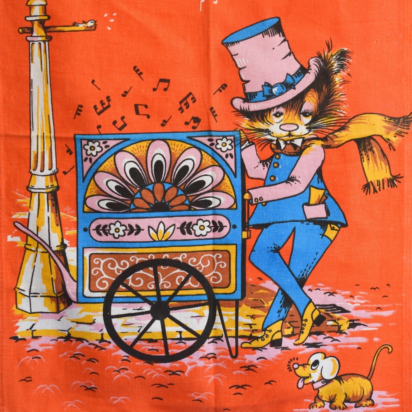 Vintage 1970s Kitsch Tea Towel - Cat Organ Player by Vintage