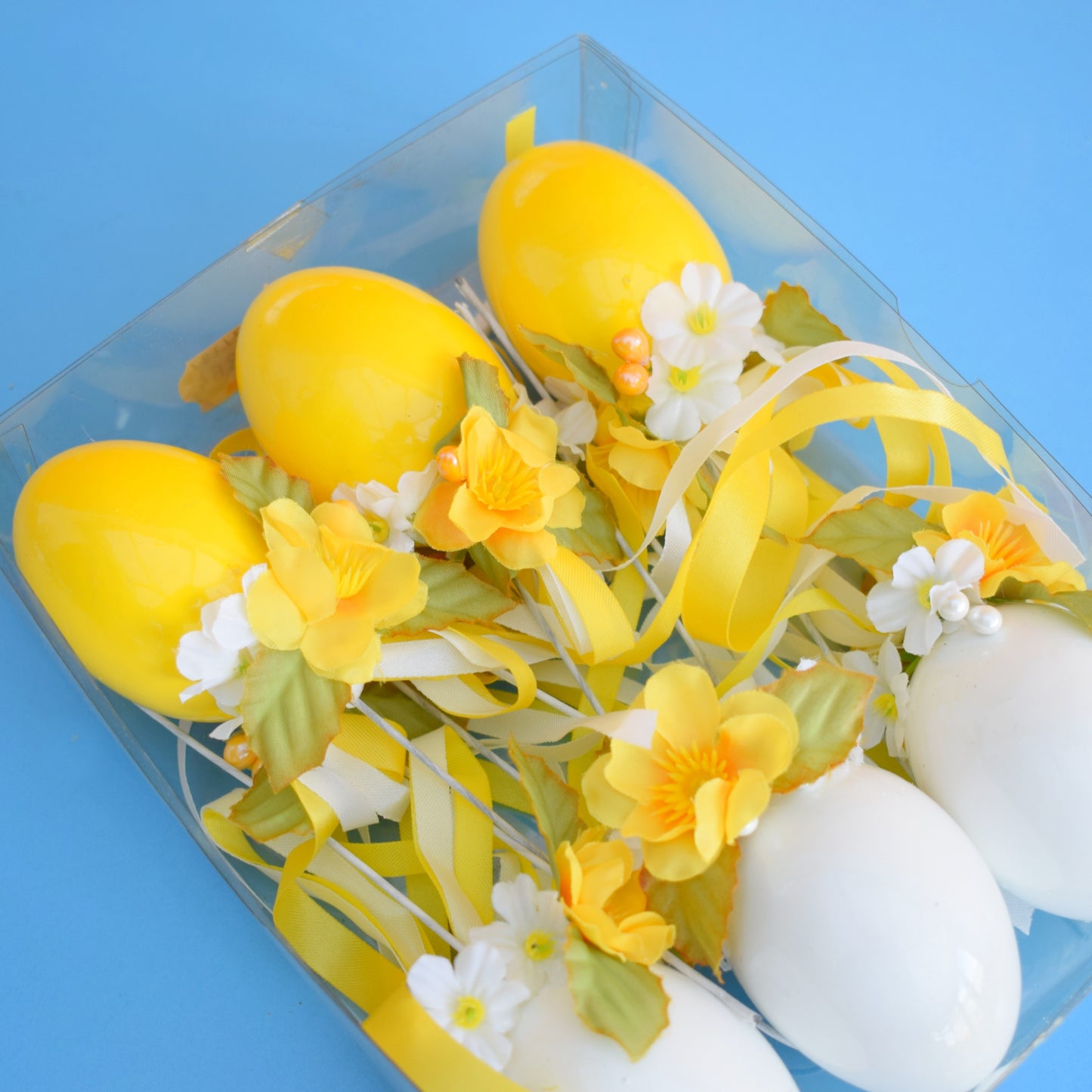 Vintage 1970s Egg Decorations- Yellow / White - Boxed