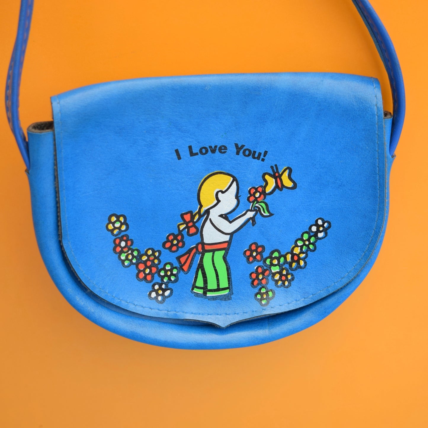 Vintage 1980s Vinyl Kids Shoulder Bag - Blue - I Love You