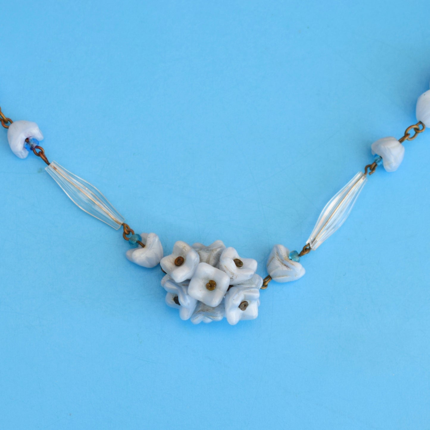 Vintage 1950s Venetian Glass Necklace - Blue Flowers