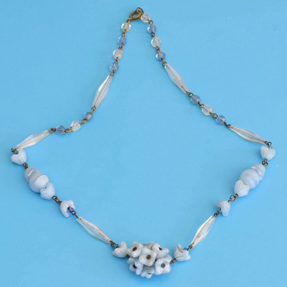 Vintage 1950s Venetian Glass Necklace - Blue Flowers