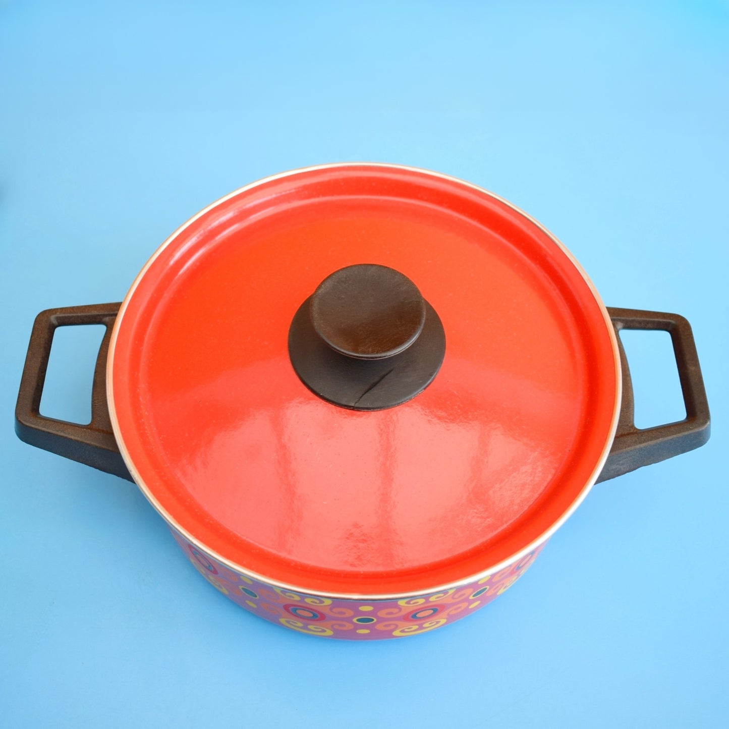 Vintage 1960s Enamel Casserole - Orange, Red & Yellow