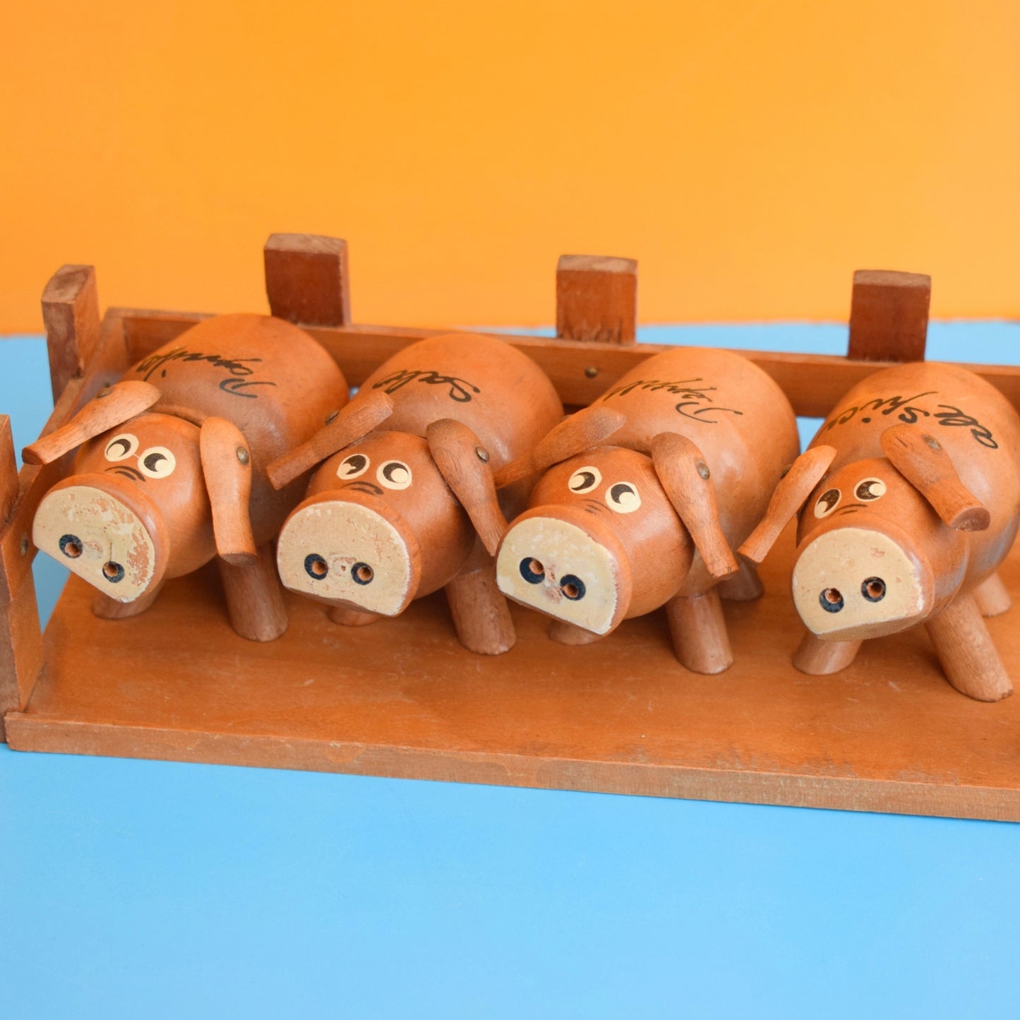Vintage 1960s Wooden Pig Spice Pots In Stye