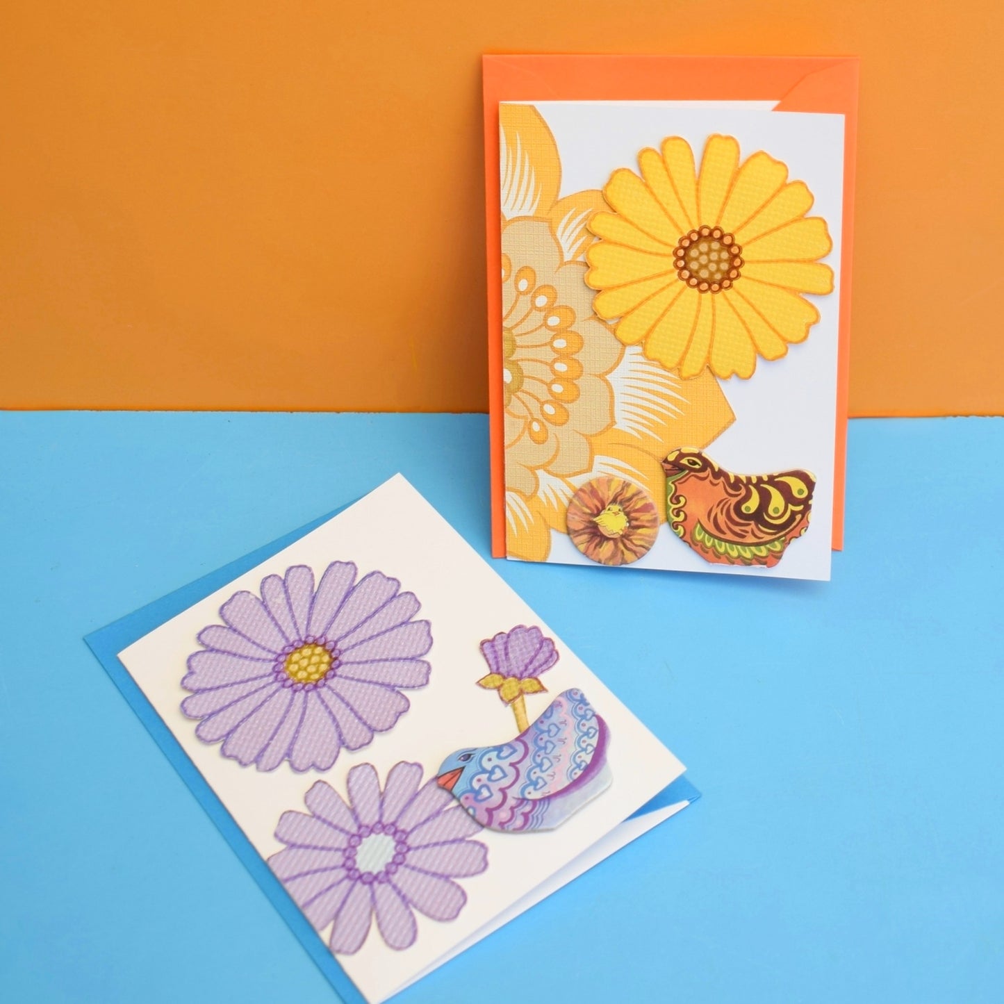 Vintage 1970s Components - Greeting Card - Flower Chicken Collages