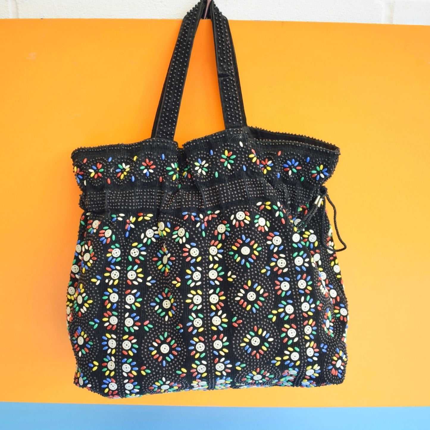 Vintage 1970s Beaded Drawstring Bag - Black by Vintage