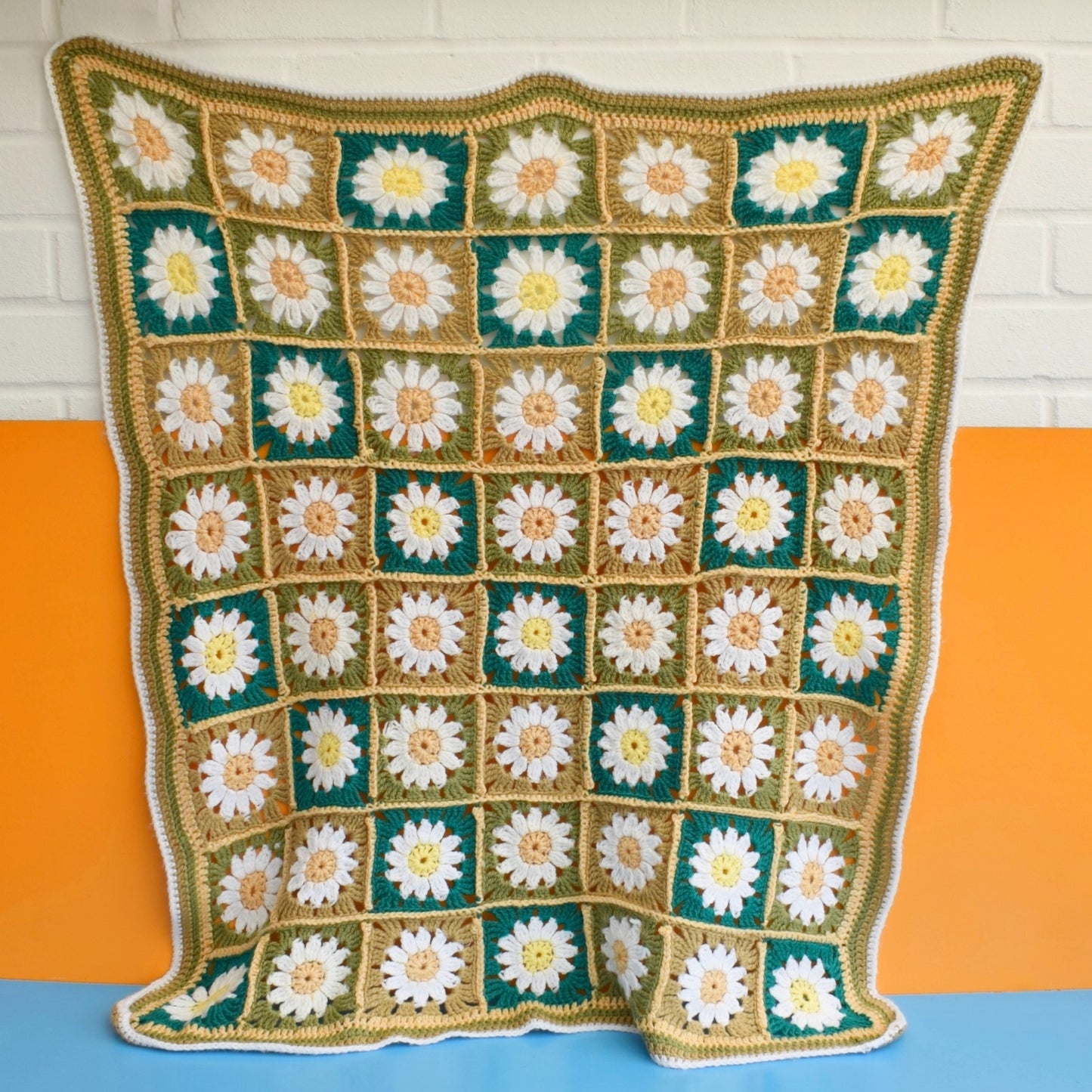 Vintage 1970s Crochet Small Blanket - Flower Design