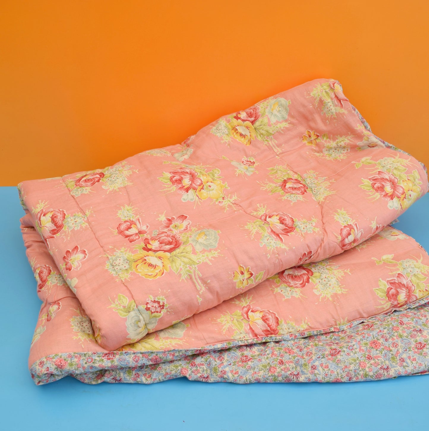 Vintage 1950s Pretty Homemade Eiderdown - Pink Roses - Small Single by Vintage