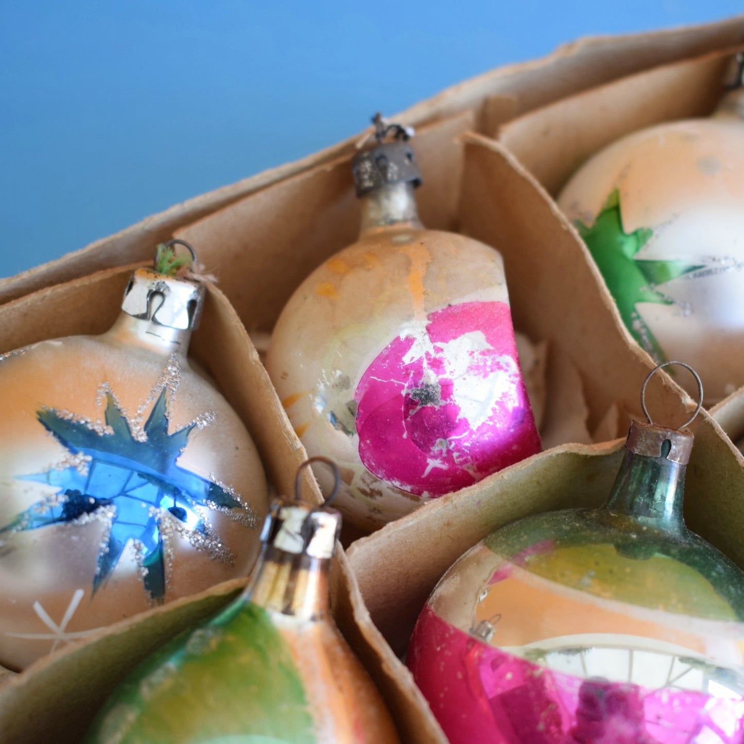 Vintage 1960s Glass Christmas Baubles - 12 Medium . Pink, Blue & Green