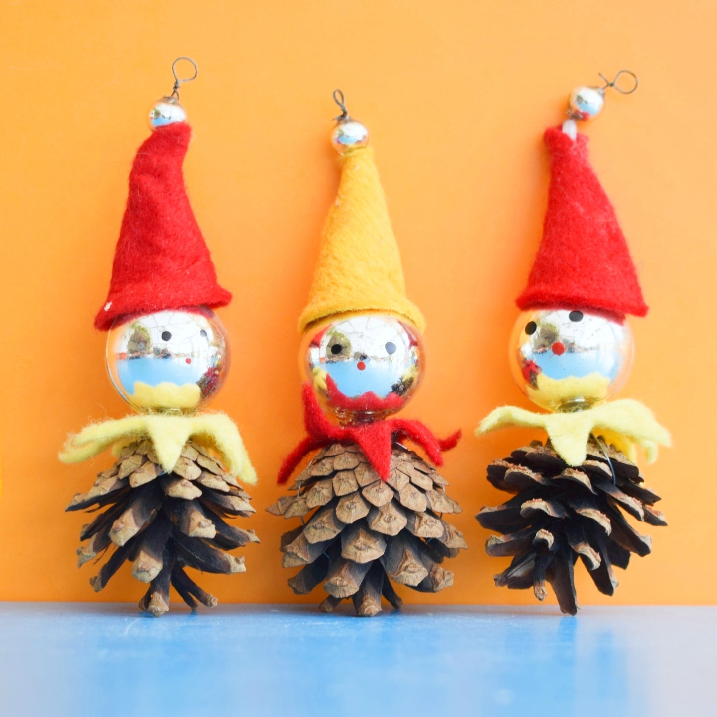 Vintage 1970s Christmas Pinecone Elf Ornaments x3