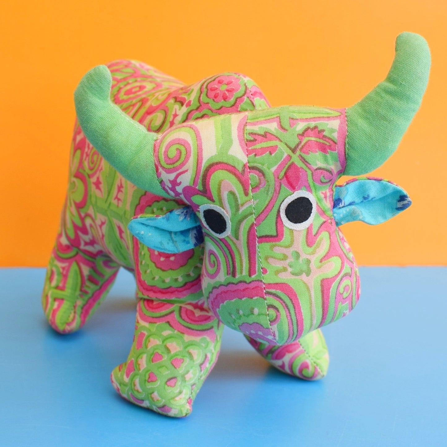 Vintage 1970s Cotton Toy Bull- Pink & Green