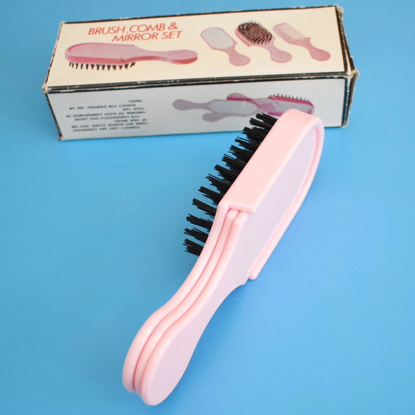 Vintage 1960s Combined Brush, Comb & Mirror Set. - Pink Plastic - Unused by Vintage