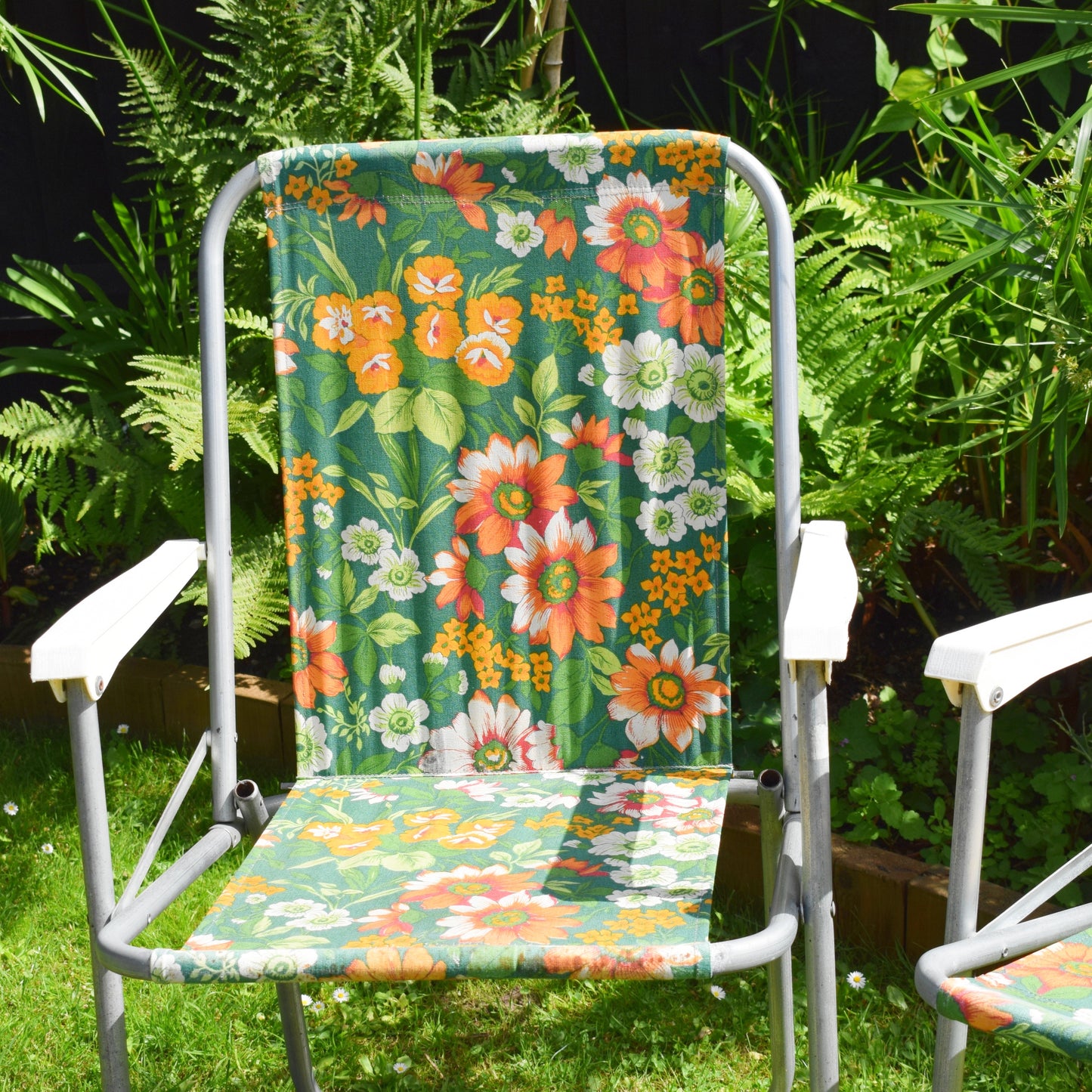 Vintage 1960s Folding Garden Chair - Flowers- Orange & Green - Pair Available by Vintage