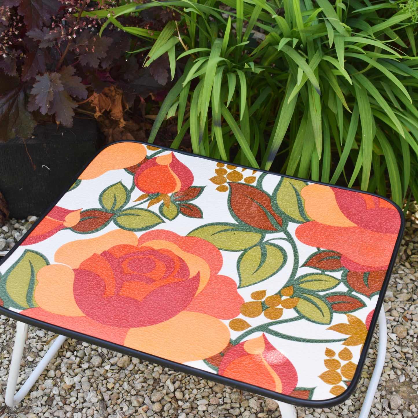Vintage 1960s Folding Low Table - Flower Power- Orange & Green by Vintage