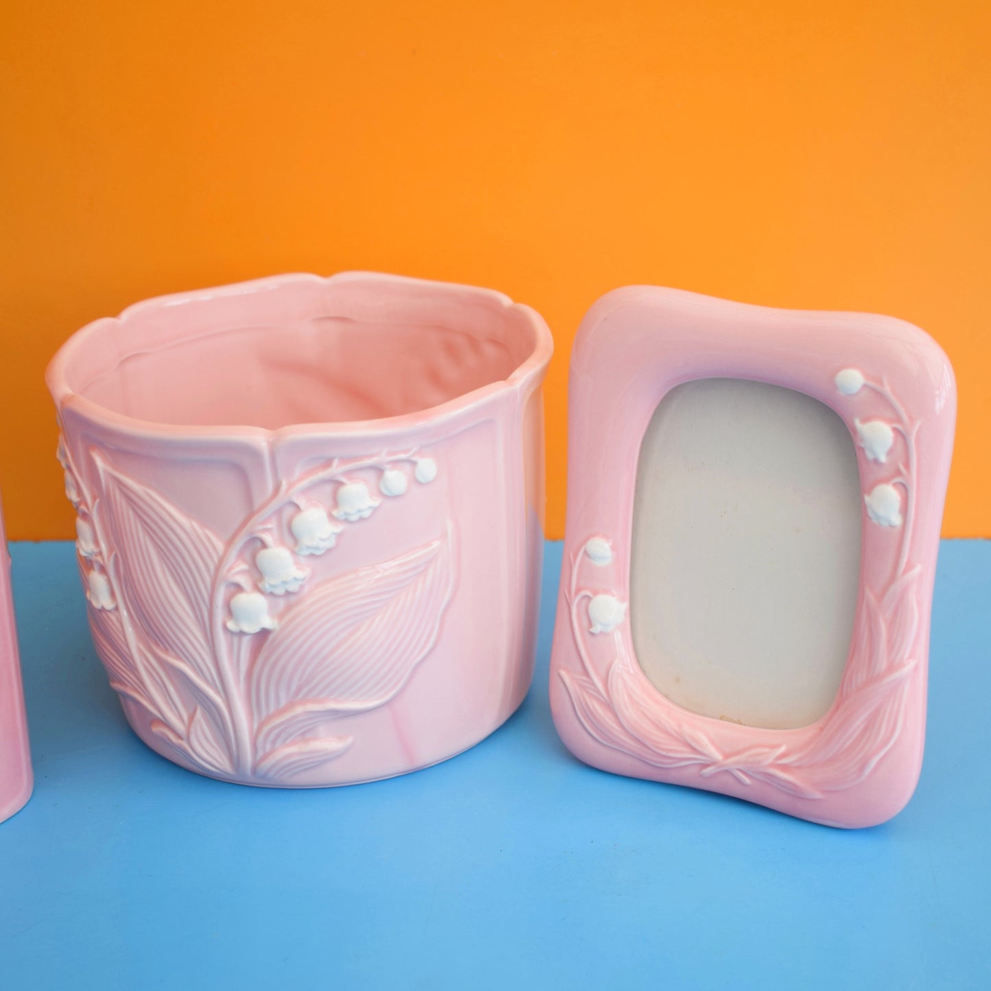 Vintage 1980s Ceramic Set- Planter, Vase & Picture Frame - Pink