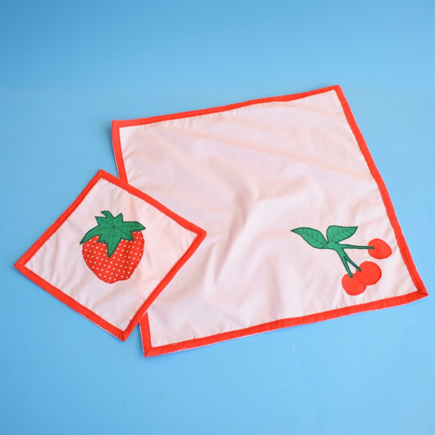 Vintage 1970s Applique Tea Cosy / Napkin Set - Strawberries / Cherries
