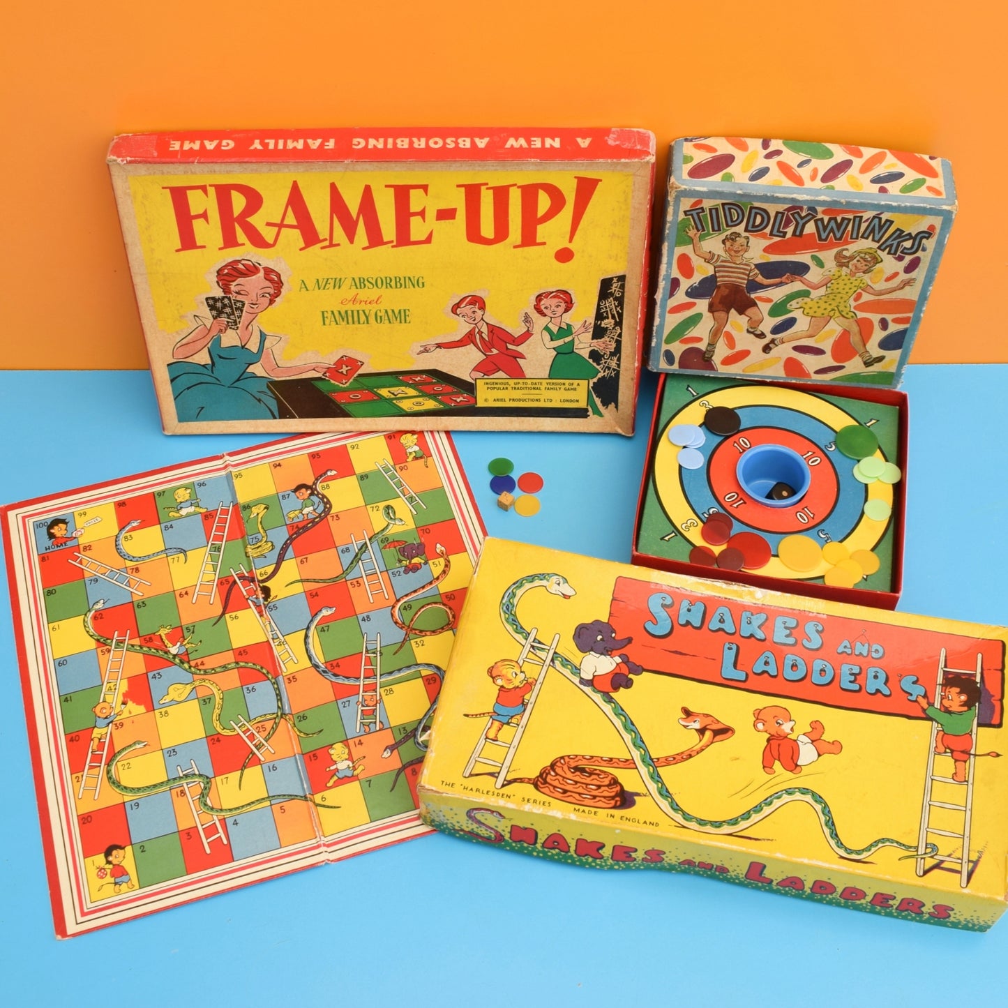 Vintage 1950s Game Collection- Tiddly Winks / Snakes & Ladders / Frame-Up by Vintage