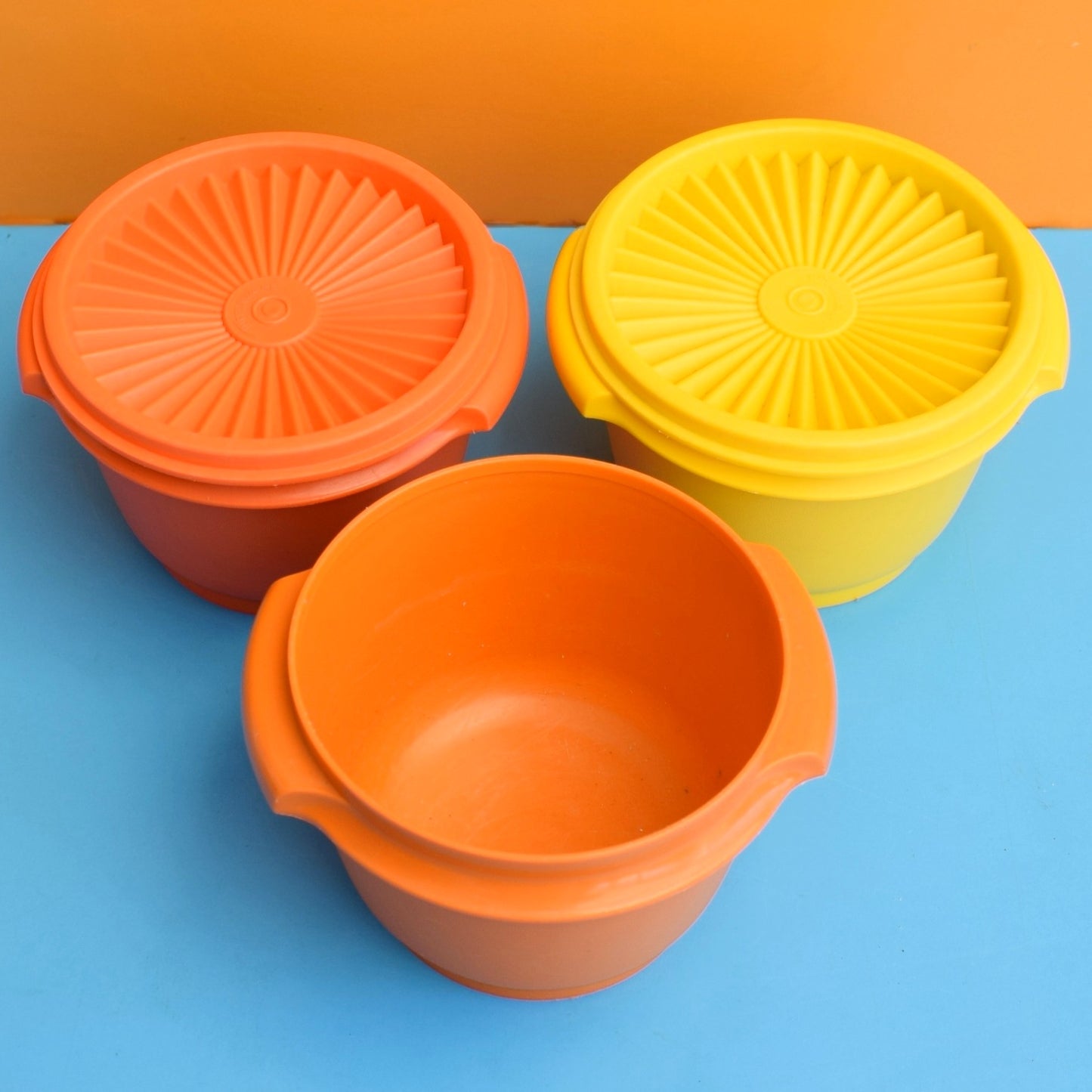 Vintage 1970s Tupperware Fan Top Small Containers - Orange / Yellow