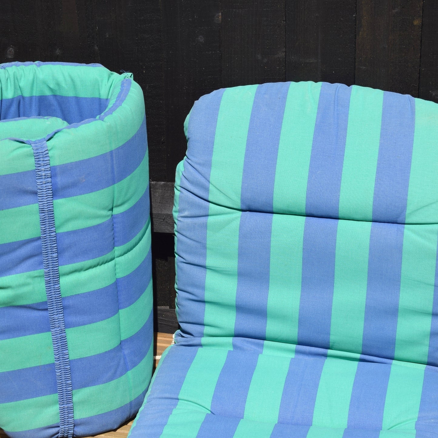 Vintage 1980s Garden Chair / Lounger Cushions - Striped Blue & Green