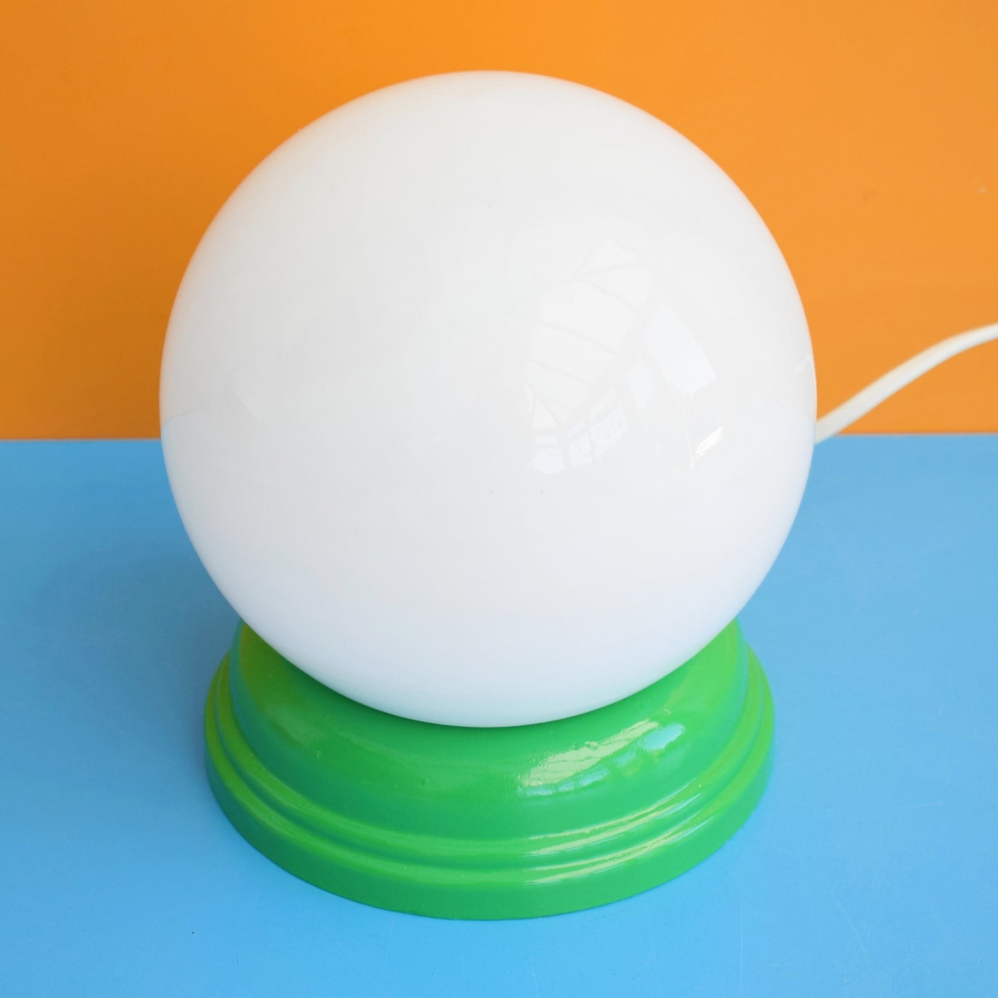 Vintage 1960s Glass Globe / Wooden Lamp - Green & White by Vintage