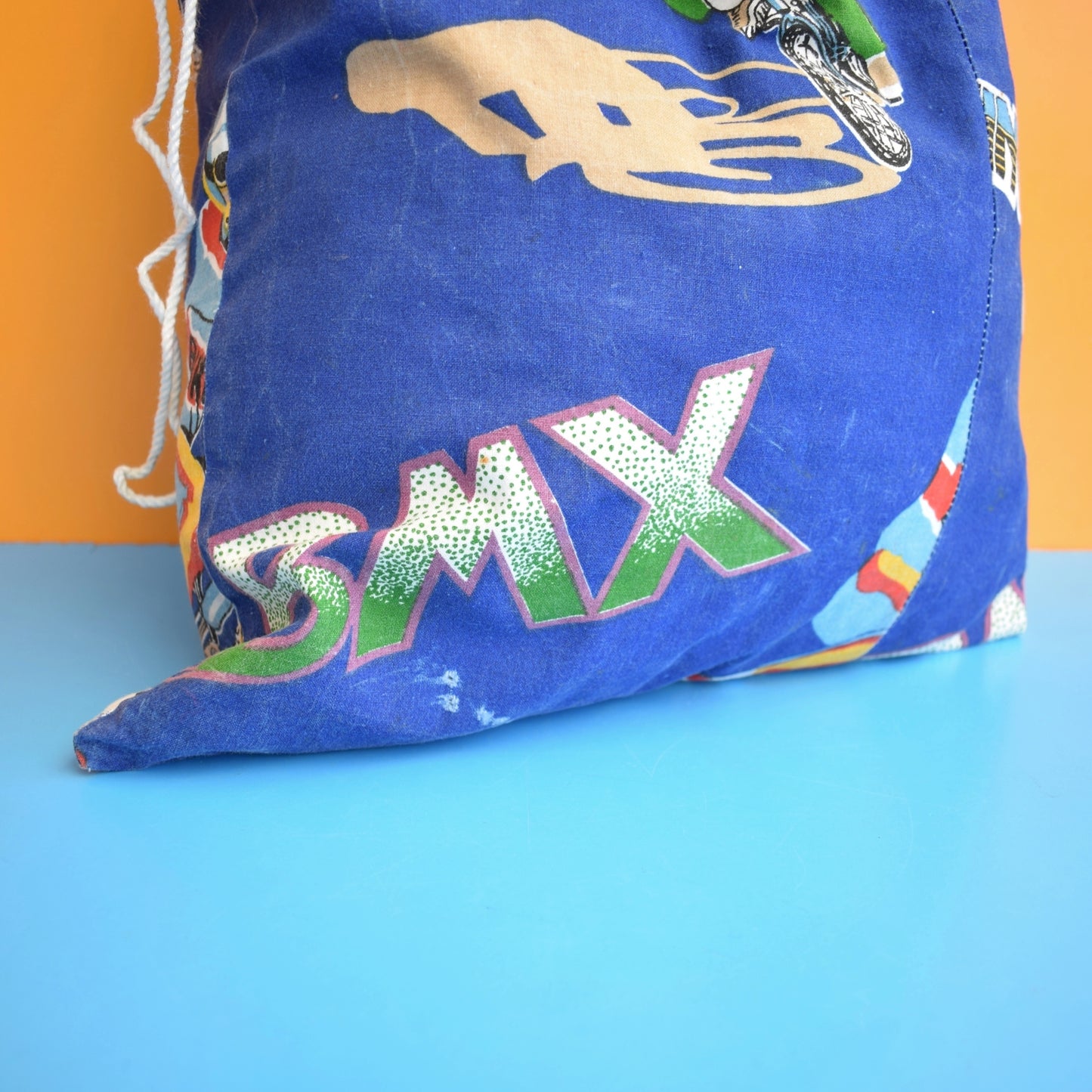 Vintage 1980s Fabric Drawstring Bag - BMX Print