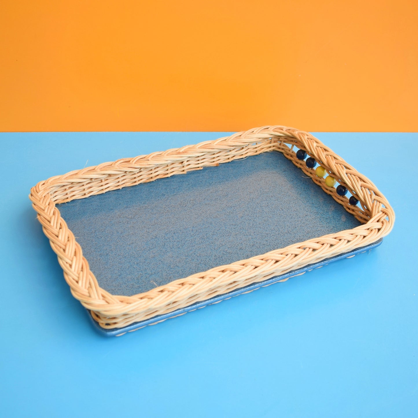 Vintage 1960s Small Rectangular Wicker / Blue Tray by Vintage