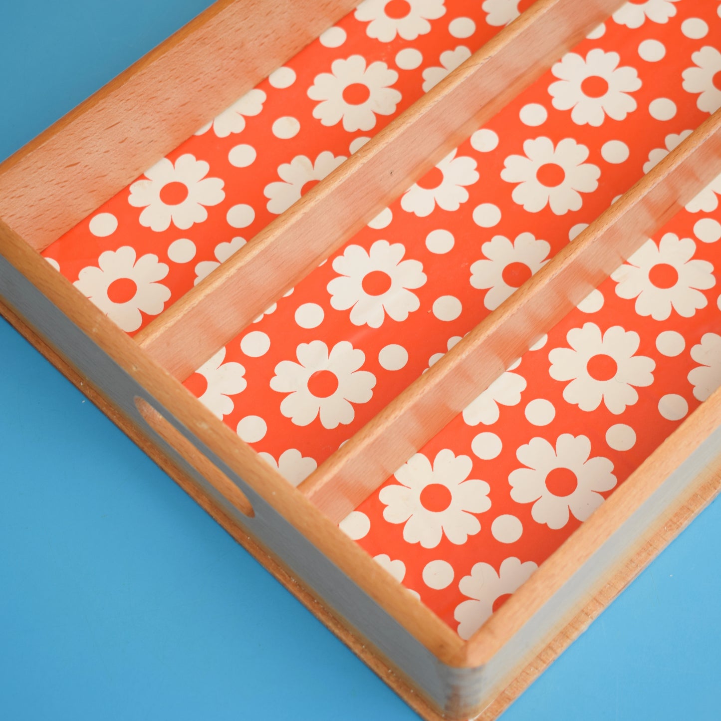 Vintage 1970s Wooden Display Shelf / Cutlery Tray - Red Flower Power by Vintage