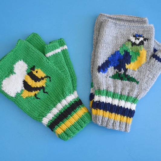 Retro Hand Knitted Fingerless Gloves - Adult - Bumblebee / Blue Tit