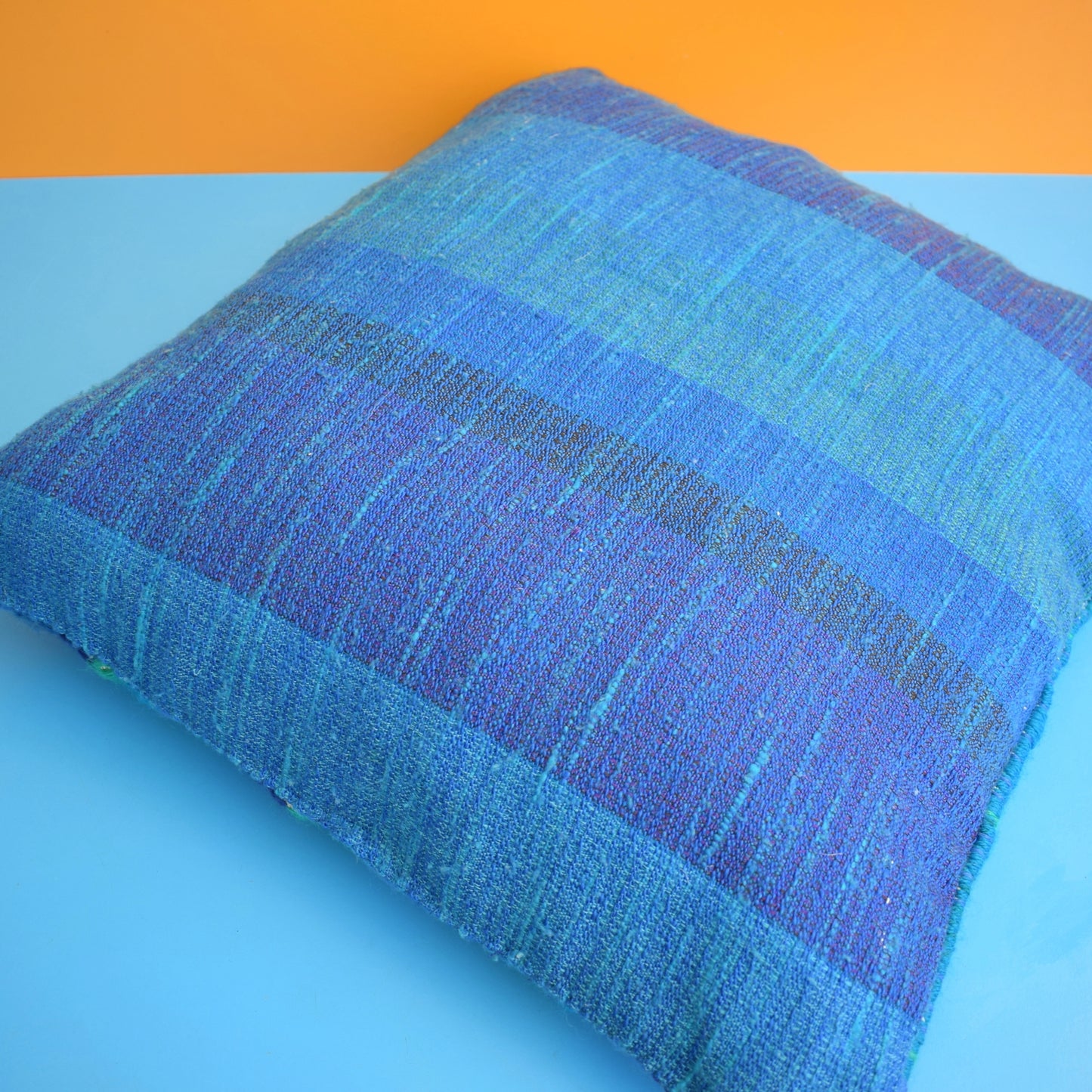 Vintage 1960s Bargello Large Tapestry Cushion - Op Art - Blue by Vintage