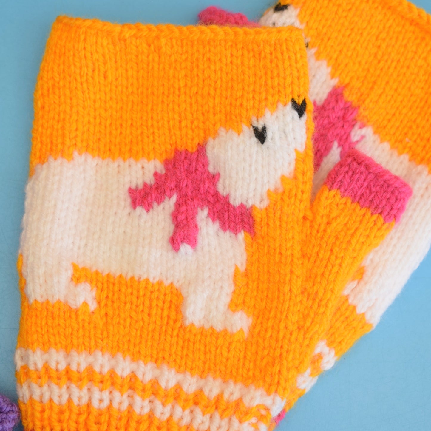 Retro Hand Knitted Fingerless Gloves - Small Adult - Bear/ Bee