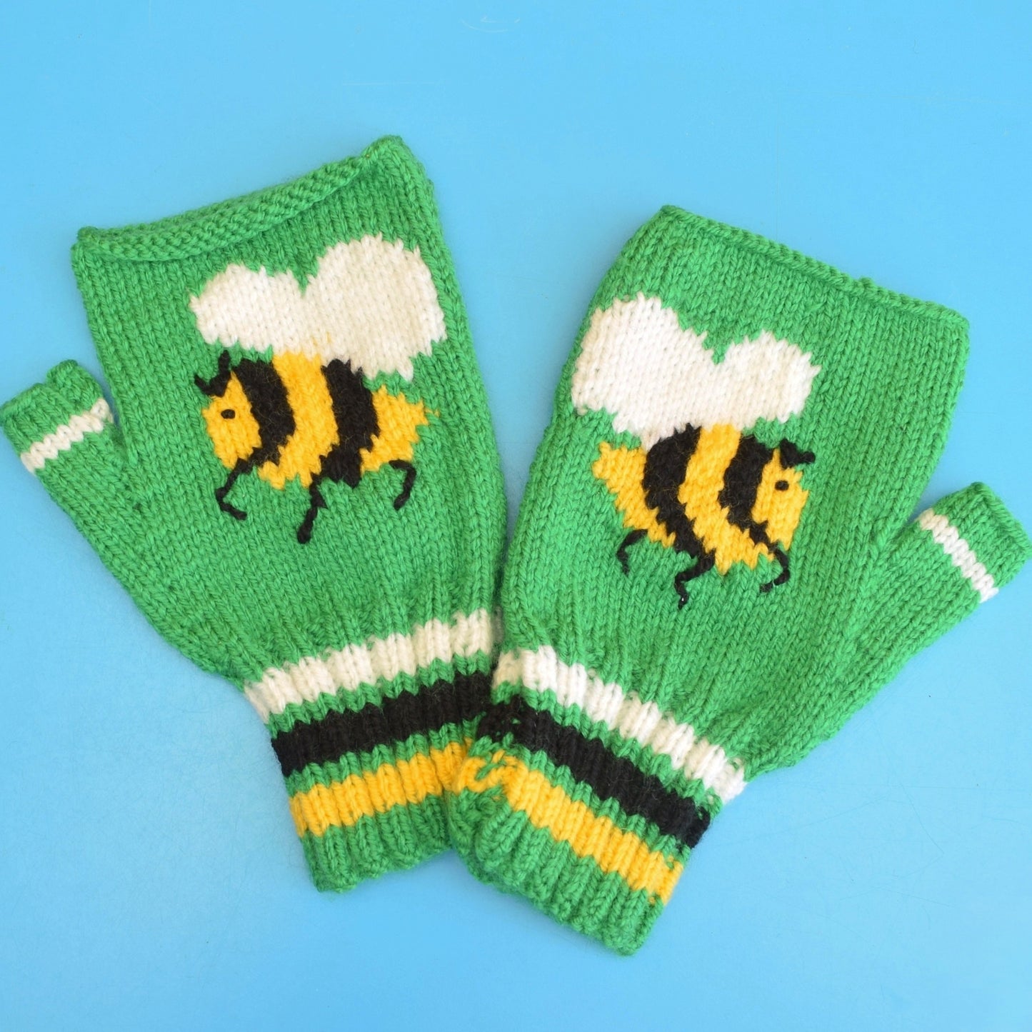 Retro Hand Knitted Fingerless Gloves - Adult - Birds/ Bees