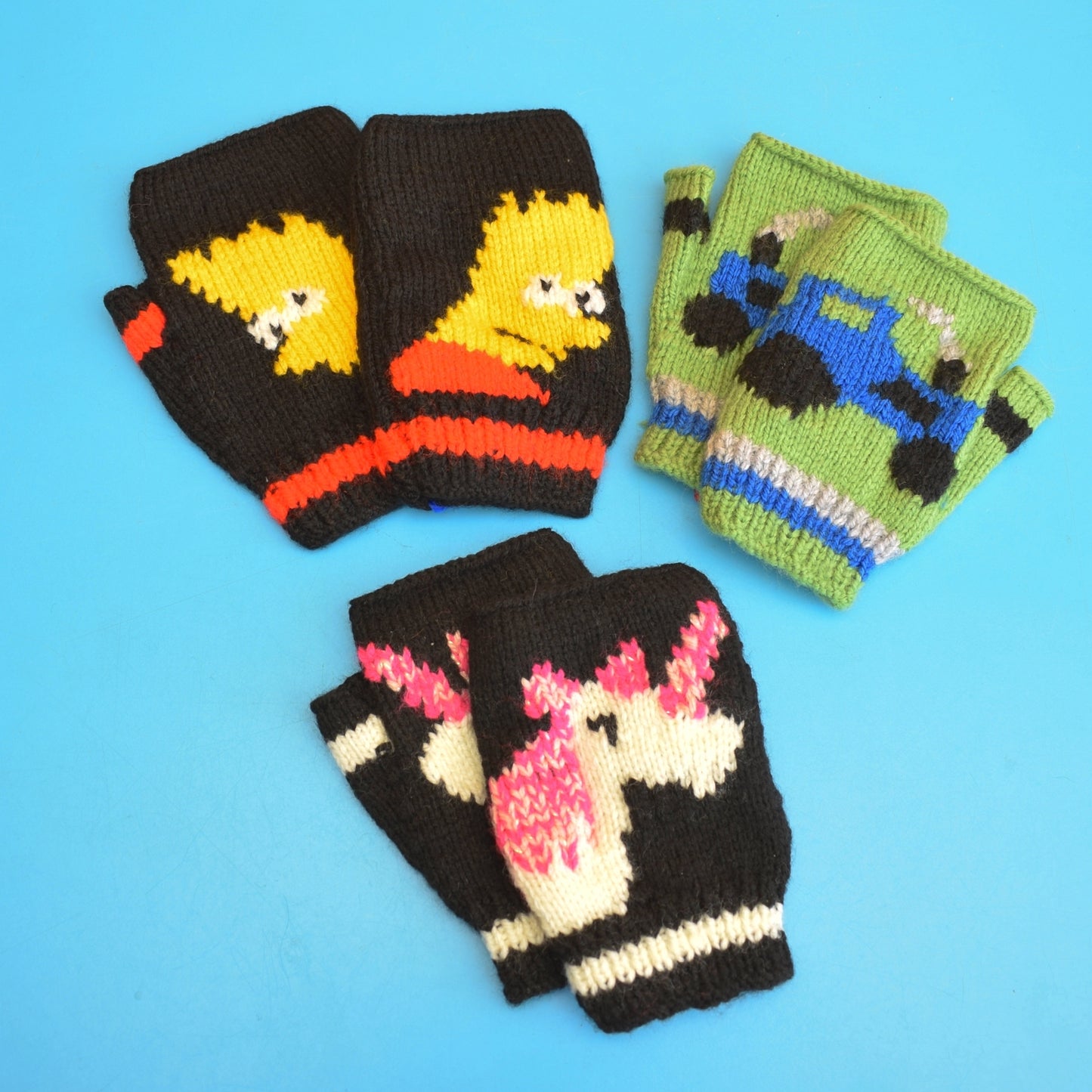Retro Hand Knitted Fingerless Gloves - Kids - Mr Grumpy, Unicorn ETC