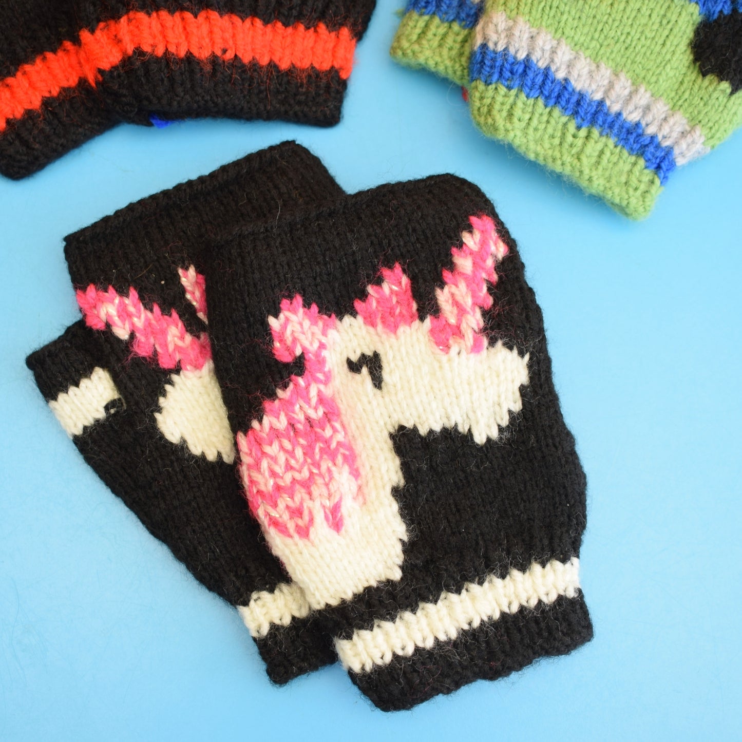 Retro Hand Knitted Fingerless Gloves - Kids - Mr Grumpy, Unicorn ETC