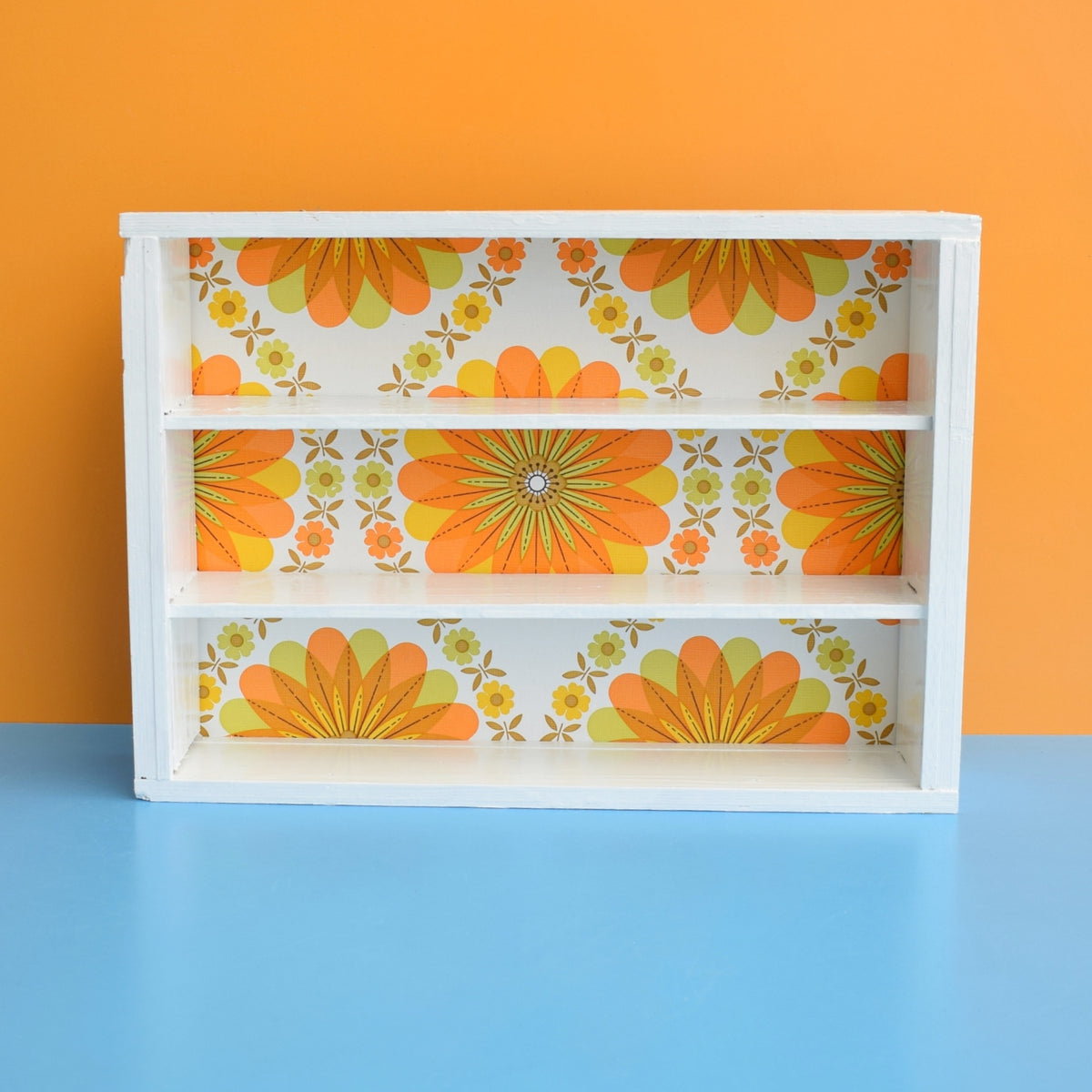 Vintage 1970s Wooden Display Shelf - Yellow Flower Power by Vintage