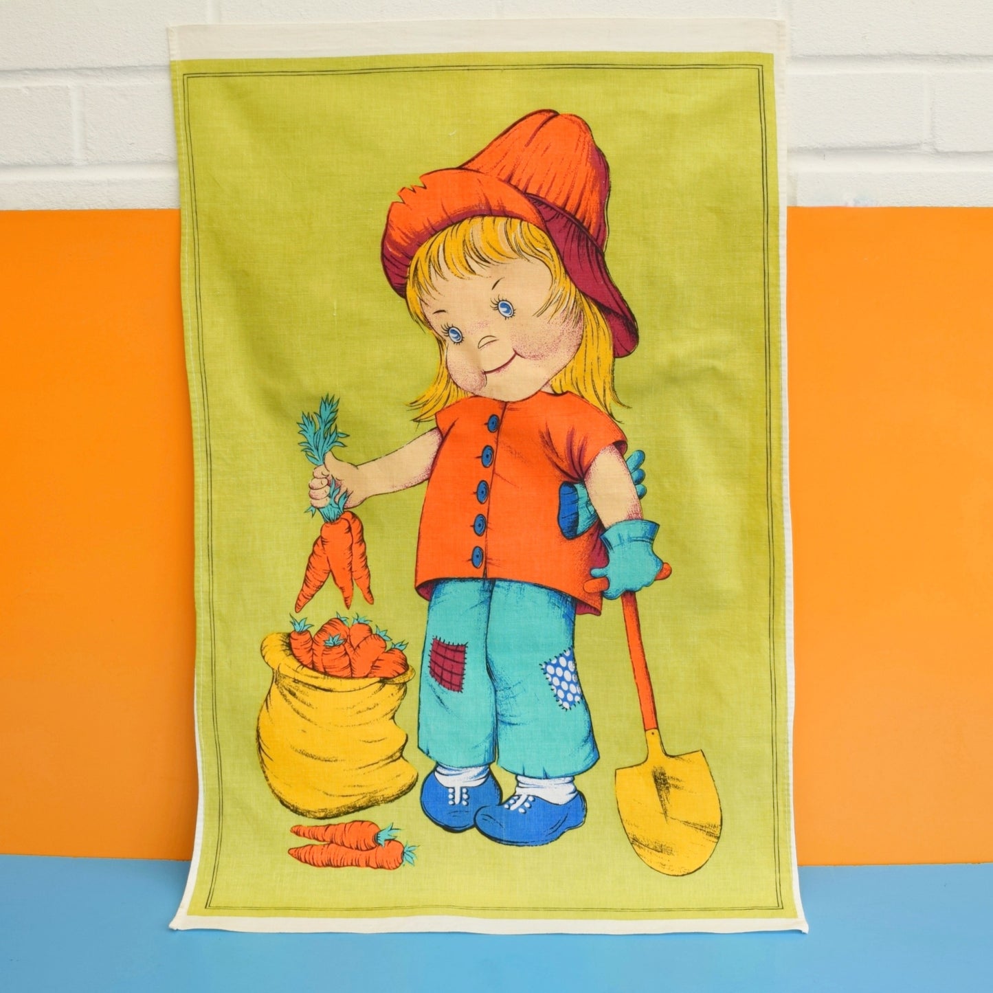 Vintage 1970s Tea Towel - Gardening Kid & Carrots