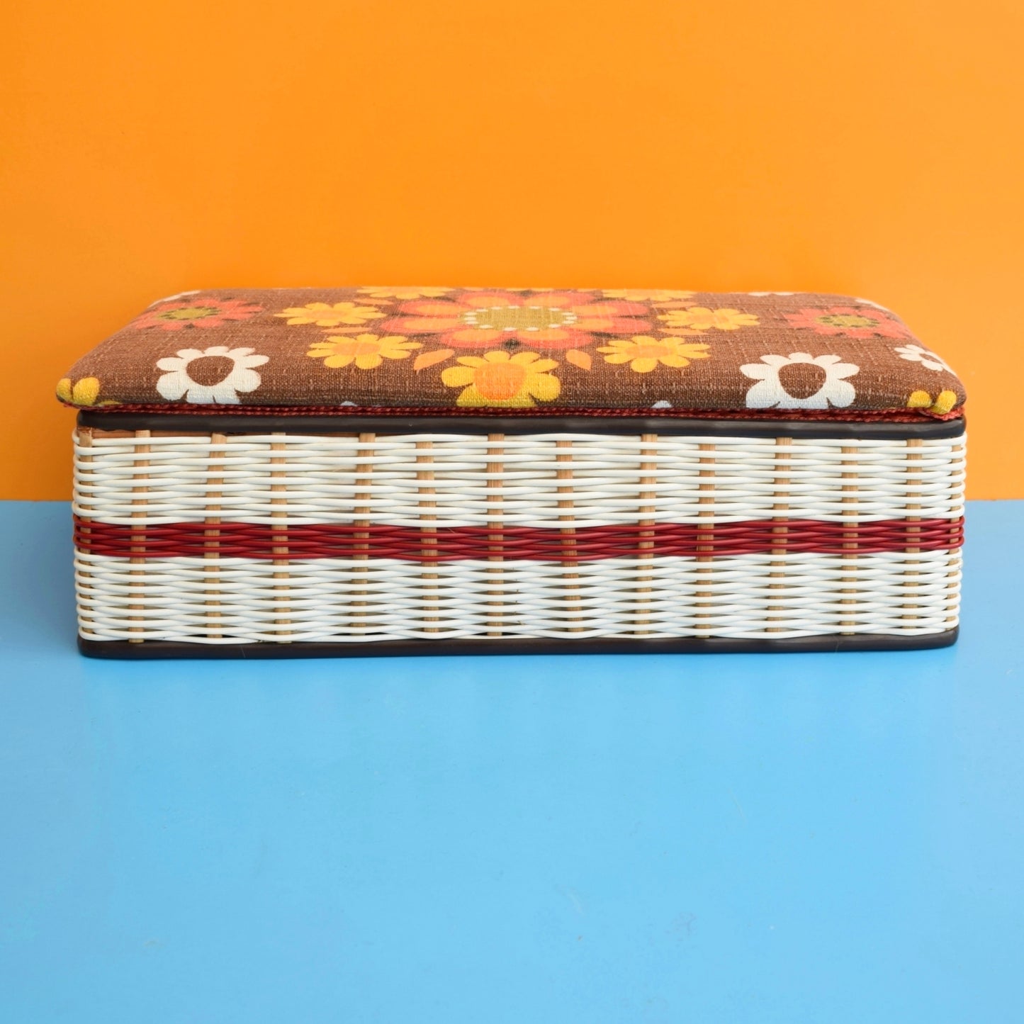 Vintage 1960s Sewing / Hobby Box - Flower Power - Brown & Orange