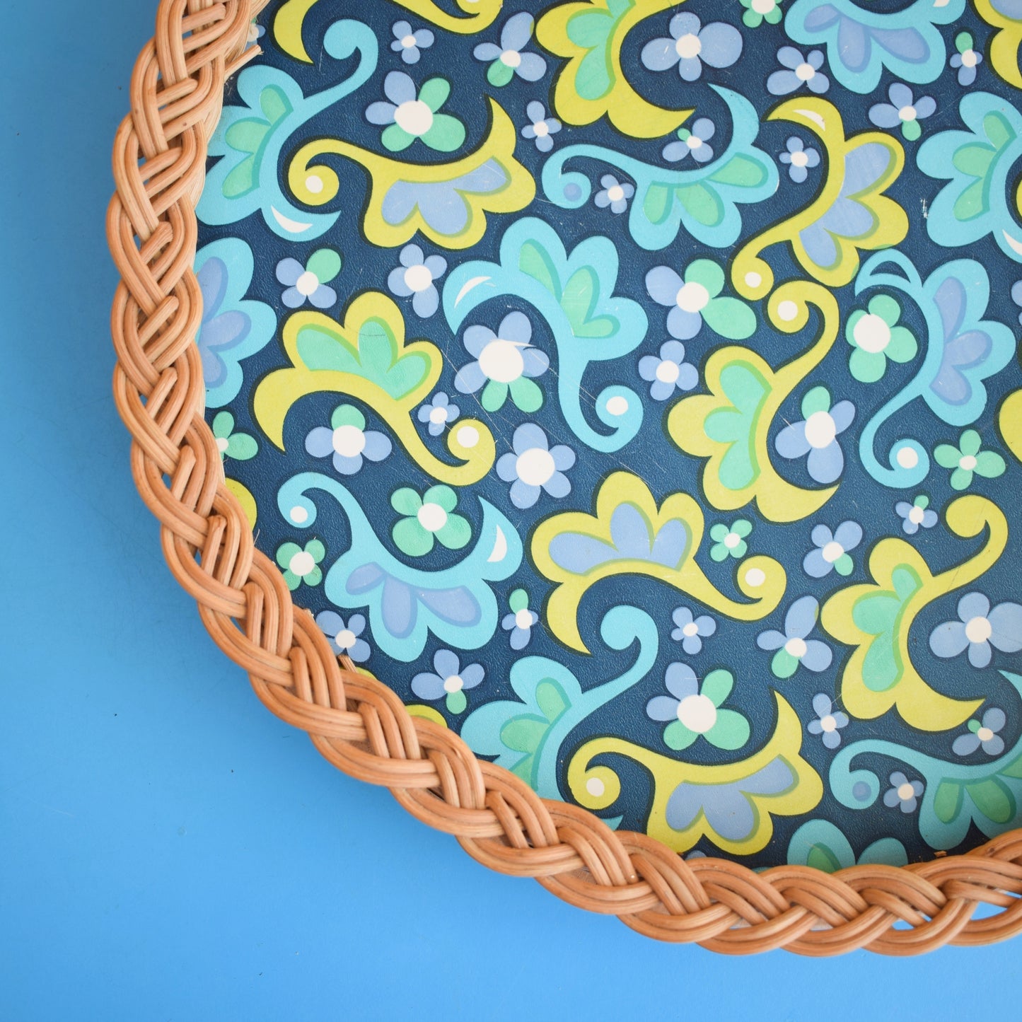 Vintage 1960s Round Wicker Tray - Flower Blue Green
