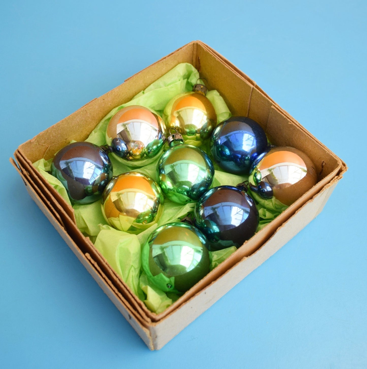 Vintage 1970s Glass Christmas Baubles -Green, Blue & Silver - Boxed by Pineapple Retro