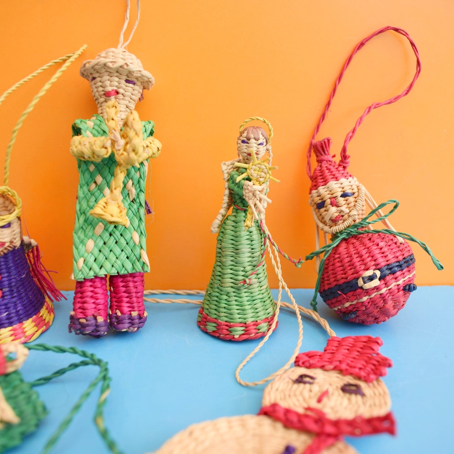 Vintage 1970s Mexican Woven Straw Hanging Ornaments