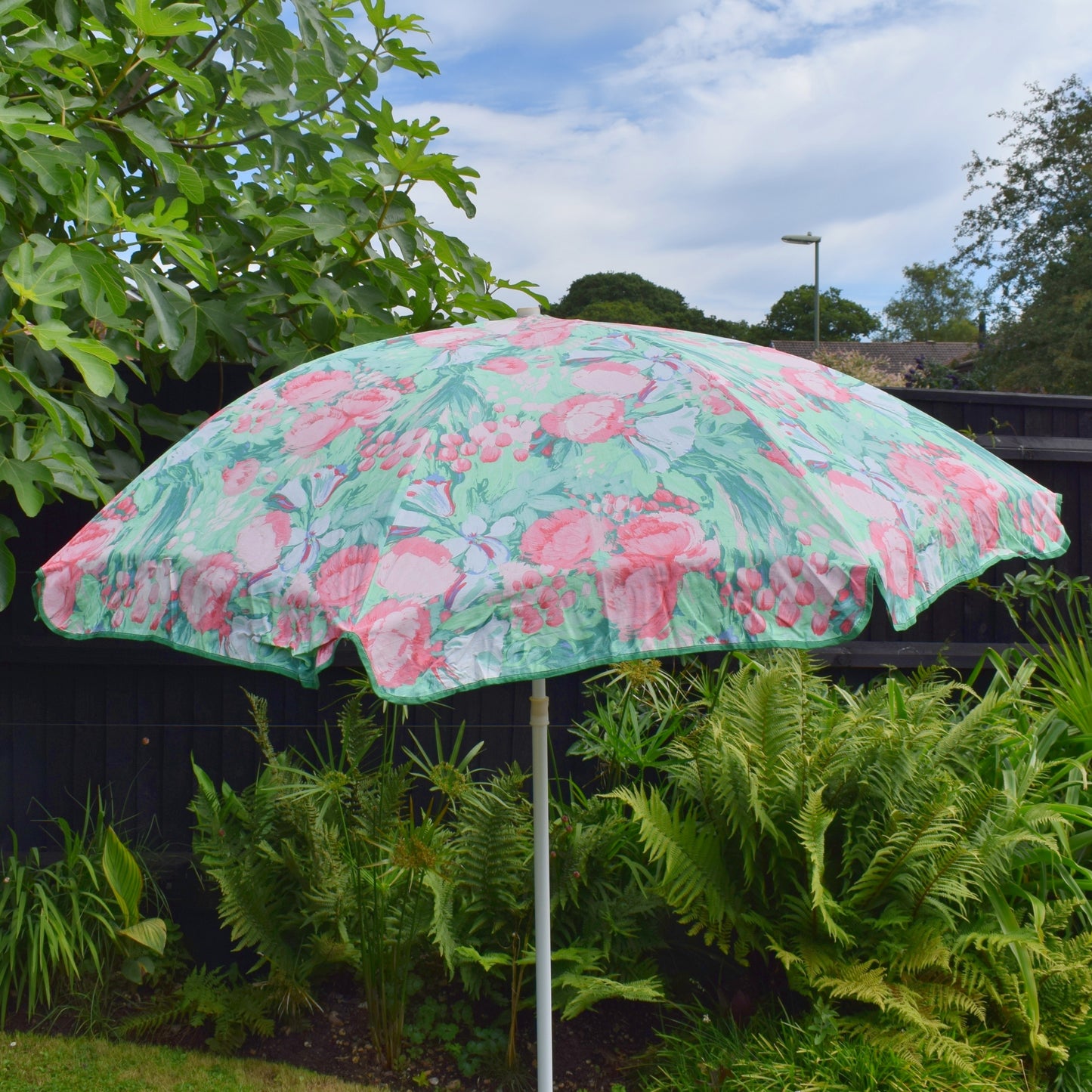Vintage 1980s Large Garden Parasol - Floral- Pink/ Mint by Vintage